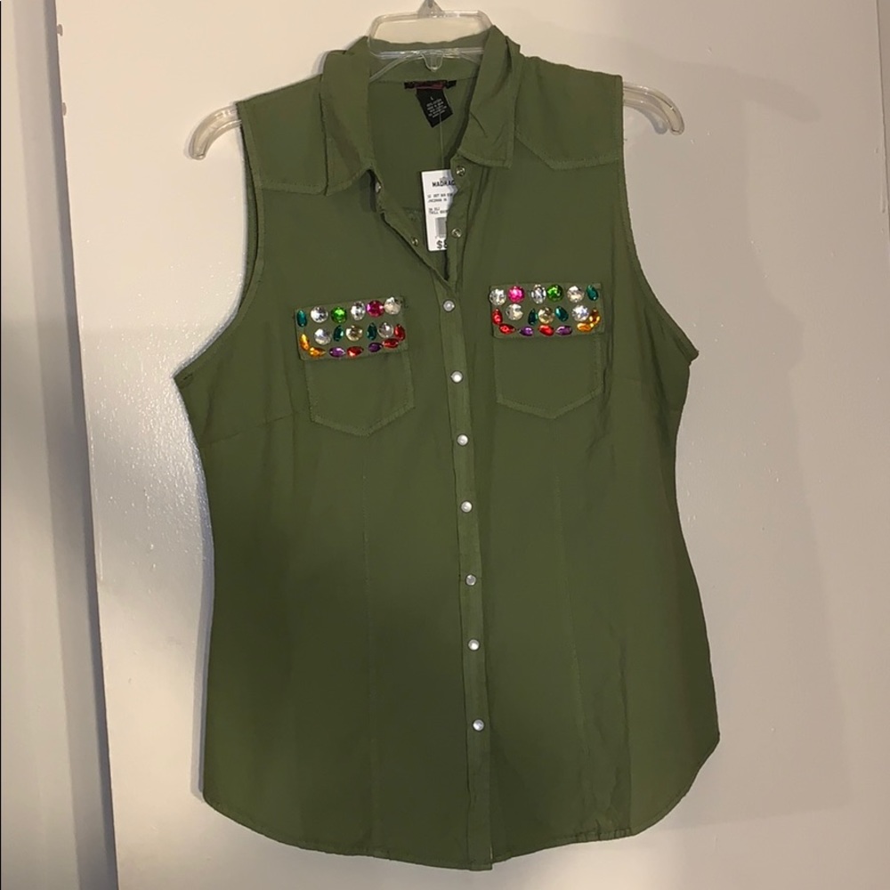 Sleeveless Button Up Vest with Gems
